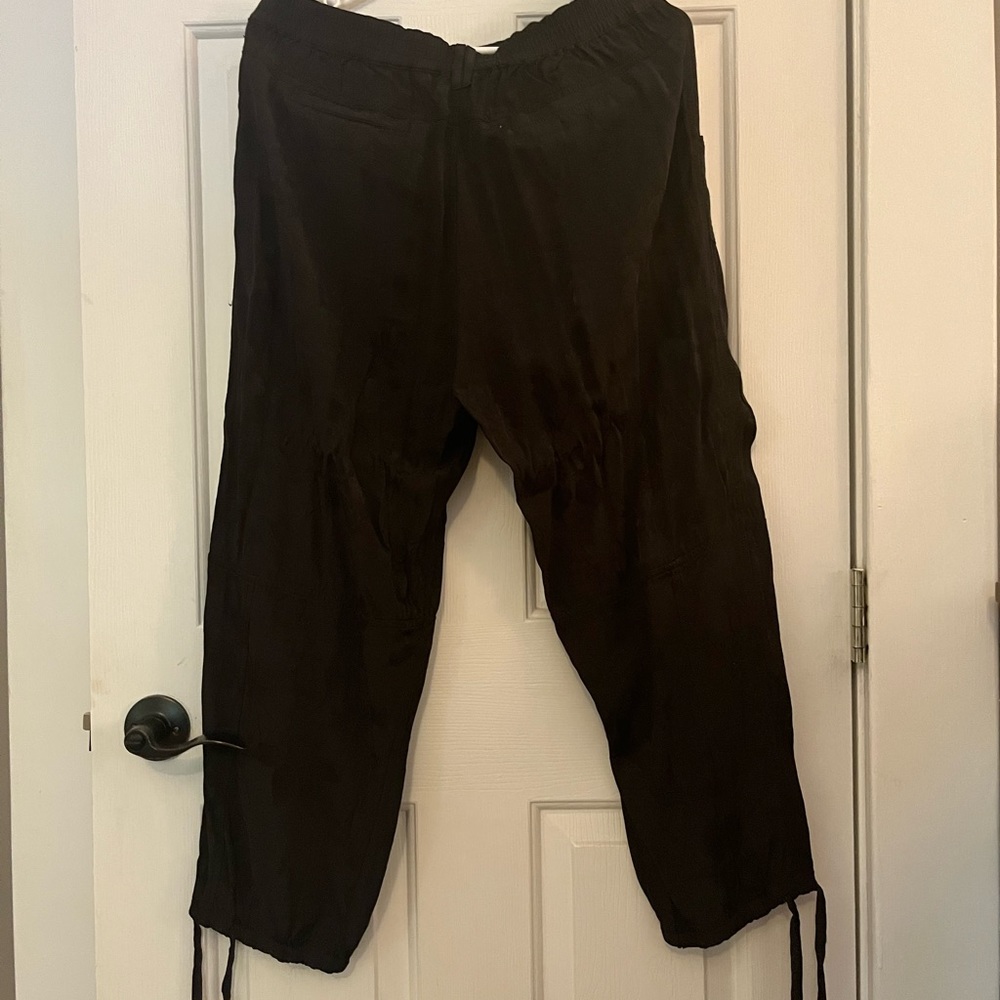 Anthropologie cropped satin pants.